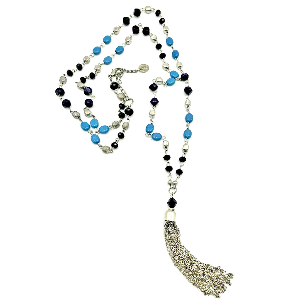 Vintage Balabooste Silver Tone Beaded Tassel Pendant Necklace Long 38"
